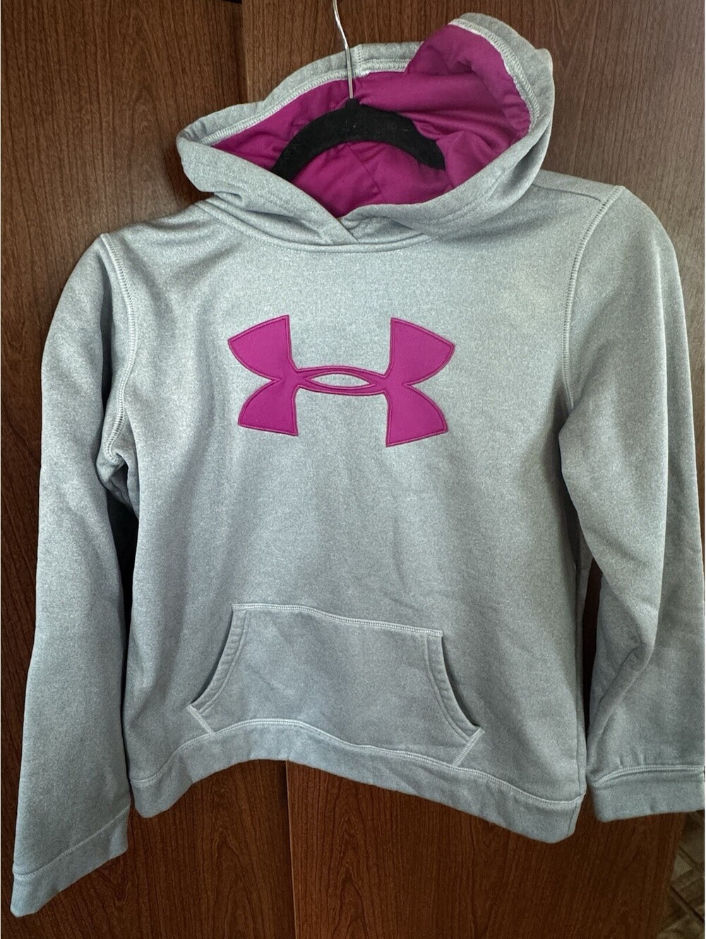 Under Armour Girls YXL ColdGear Hoodie Gray Pink Big Logo Pullover FW15